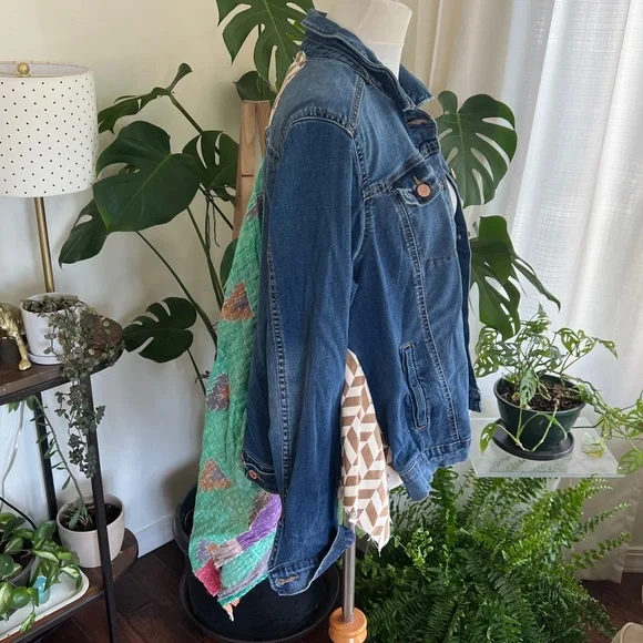 Wild Hope Upcycled Green Patterned Kantha Stretch Jean Jacket M - Picture 5 of 14